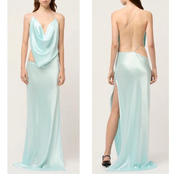 Michael Lo Sordo Iced Bias Draped Asymmetric Silk Maxi Dress in Blue Size 4 - Picture 2 of 12